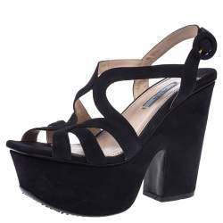 Pre Owned Prada Navy Blue Suede Strappy Platform Ankle Strap Block Heel Sandals Size 37