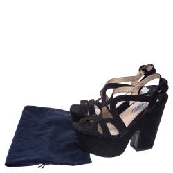 Pre Owned Prada Navy Blue Suede Strappy Platform Ankle Strap Block Heel Sandals Size 37