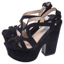 Pre Owned Prada Navy Blue Suede Strappy Platform Ankle Strap Block Heel Sandals Size 37