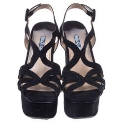 Pre Owned Prada Navy Blue Suede Strappy Platform Ankle Strap Block Heel Sandals Size 37