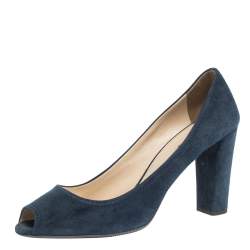 Pre Owned Prada Blue Suede Block Heel Peep Toe Pumps Size 41