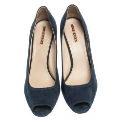 Pre Owned Prada Blue Suede Block Heel Peep Toe Pumps Size 41
