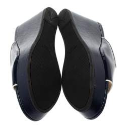 Pre Owned Prada Navy Blue Saffiano Patent  Leather Wedge Slide Sandal Size 38