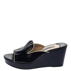 Pre Owned Prada Navy Blue Saffiano Patent  Leather Wedge Slide Sandal Size 38