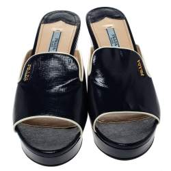 Pre Owned Prada Navy Blue Saffiano Patent  Leather Wedge Slide Sandal Size 38