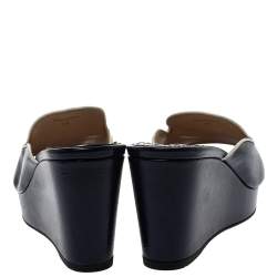 Pre Owned Prada Navy Blue Saffiano Patent  Leather Wedge Slide Sandal Size 38