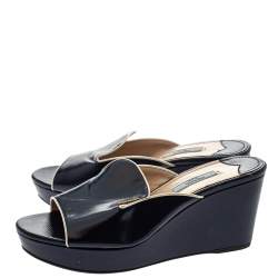 Pre Owned Prada Navy Blue Saffiano Patent  Leather Wedge Slide Sandal Size 38