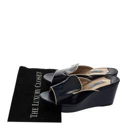 Pre Owned Prada Navy Blue Saffiano Patent  Leather Wedge Slide Sandal Size 38