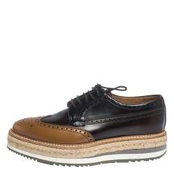 Pre Owned Prada Brown Brogue Leather Derby Espadrille Sneakers Size 39