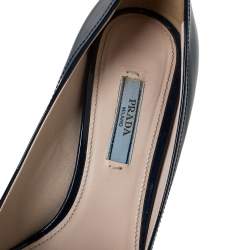 Pre Owned Prada Blue Patent Leather Wedge Bow Peep Toe Pump Size 37.5