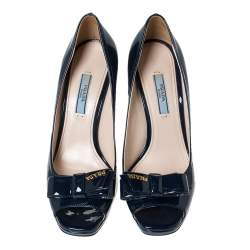 Pre Owned Prada Blue Patent Leather Wedge Bow Peep Toe Pump Size 37.5