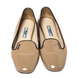 Pre Owned Prada Beige Patent Leather Smoking Slipper Flats Size 37