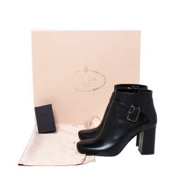 Prada Black Leather Buckle Detail Block Heel Ankle Boots Size 35.5