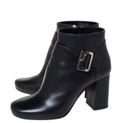 Pre Owned Prada Black Leather Buckle Detail Block Heel Ankle Boots Size 35.5