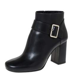 Pre Owned Prada Black Leather Buckle Detail Block Heel Ankle Boots Size 35.5
