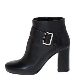 Prada Black Leather Buckle Detail Block Heel Ankle Boots Size 35.5
