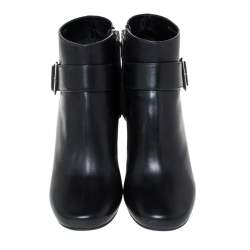 Pre Owned Prada Black Leather Buckle Detail Block Heel Ankle Boots Size 35.5