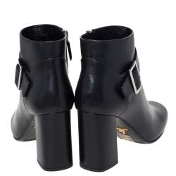 Pre Owned Prada Black Leather Buckle Detail Block Heel Ankle Boots Size 35.5