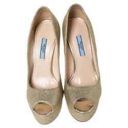 Pre Owned Prada Metallic Gold Glitter Peep Toe Platform Pumps Size 37.5