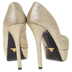 Pre Owned Prada Metallic Gold Glitter Peep Toe Platform Pumps Size 37.5