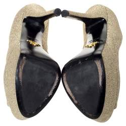 Pre Owned Prada Metallic Gold Glitter Peep Toe Platform Pumps Size 37.5