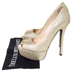 Pre Owned Prada Metallic Gold Glitter Peep Toe Platform Pumps Size 37.5