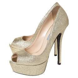 Pre Owned Prada Metallic Gold Glitter Peep Toe Platform Pumps Size 37.5