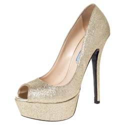 Pre Owned Prada Metallic Gold Glitter Peep Toe Platform Pumps Size 37.5