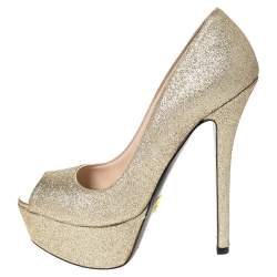 Pre Owned Prada Metallic Gold Glitter Peep Toe Platform Pumps Size 37.5