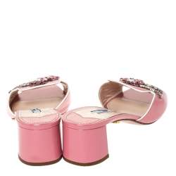 Pre Owned Prada Pink Patent Leather Flower Crystal Embellished Slide Sandals Size 39.5