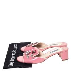 Pre Owned Prada Pink Patent Leather Flower Crystal Embellished Slide Sandals Size 39.5