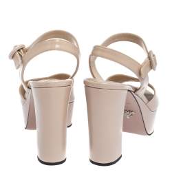 Prada Beige Patent Leather Ankle Strap Block Heel Platform Sandals Size 38
