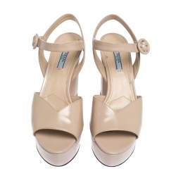 Prada Beige Patent Leather Ankle Strap Block Heel Platform Sandals Size 38