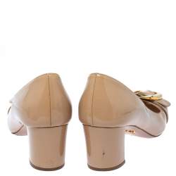 Pre Owned Prada Beige Patent Leather Buckle Detail Block Heel Pumps Size 40