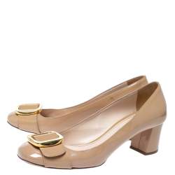 Pre Owned Prada Beige Patent Leather Buckle Detail Block Heel Pumps Size 40