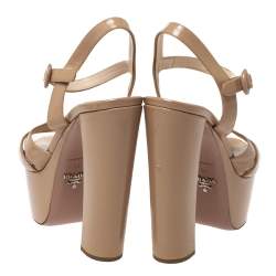 Prada Beige Patent Leather Open Toe Ankle Strap Platform Sandals Size 39