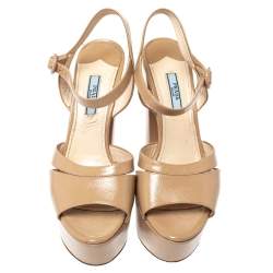 Prada Beige Patent Leather Open Toe Ankle Strap Platform Sandals Size 39