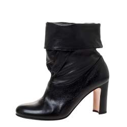 Pre Owned Prada Black Leather Fold Over Ankle Booties Size 37.5