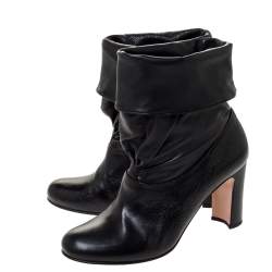 Pre Owned Prada Black Leather Fold Over Ankle Booties Size 37.5