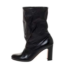 Pre Owned Prada Black Leather Fold Over Ankle Booties Size 37.5
