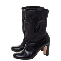 Pre Owned Prada Black Leather Fold Over Ankle Booties Size 37.5