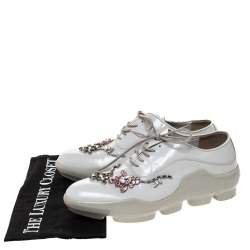 Prada White Crystal Embellished Leather Lace Up Sneakers Size 37.5