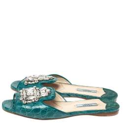 Prada Teal Croc Embossed Leather Crystal Embellished Flat Slides Size 37