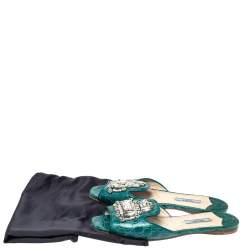 Prada Teal Croc Embossed Leather Crystal Embellished Flat Slides Size 37