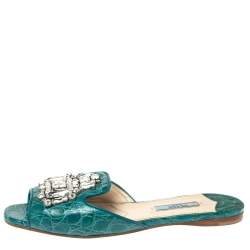 Prada Teal Croc Embossed Leather Crystal Embellished Flat Slides Size 37