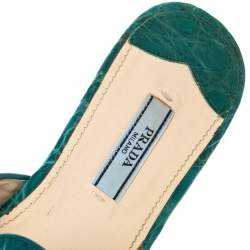 Prada Teal Croc Embossed Leather Crystal Embellished Flat Slides Size 37