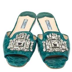 Prada Teal Croc Embossed Leather Crystal Embellished Flat Slides Size 37