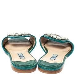Prada Teal Croc Embossed Leather Crystal Embellished Flat Slides Size 37