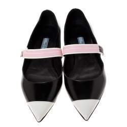Pre Owned Prada Black/White Leather Cap Toe Mary Jane Pointed Toe Flats Size 38