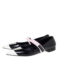 Pre Owned Prada Black/White Leather Cap Toe Mary Jane Pointed Toe Flats Size 38
